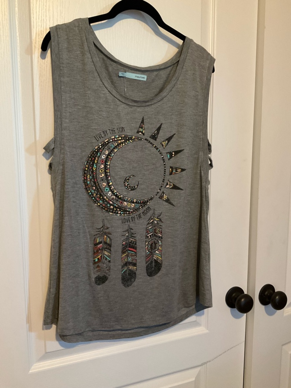 Maurices Gray Graphic Muscle Tee with Colorful Foil Moon & Feathers
